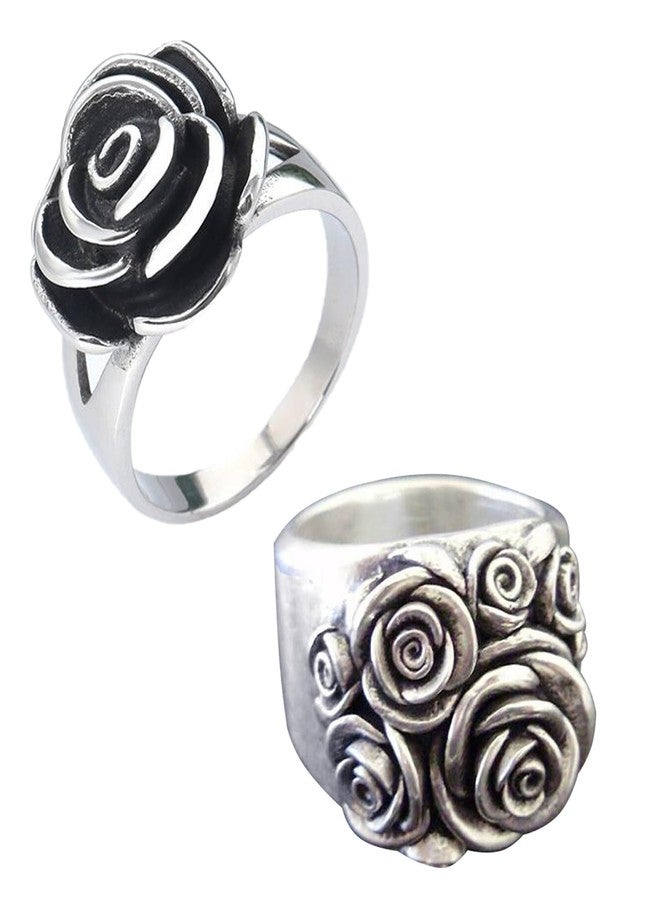 Ecooon 2pcs Vintage rose ring pack for women, 3D 925 Sterling Silver flower ring Promise Statement wedding anniversary Cocktail Party Chunky band Ring Jewelry - Image 1